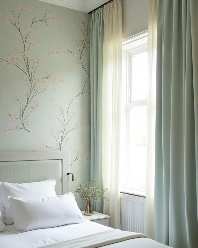 Soverom med beroligende blomstret tapet og luksuriøse gardiner fra Blomster Hus