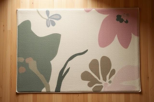 Luksuriøst ullteppe med et moderne blomstermønster på et hardt tregulv